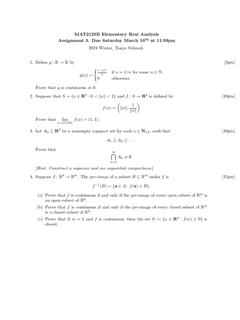 MAT2125B Real Analysis Assignment 3 | PDF