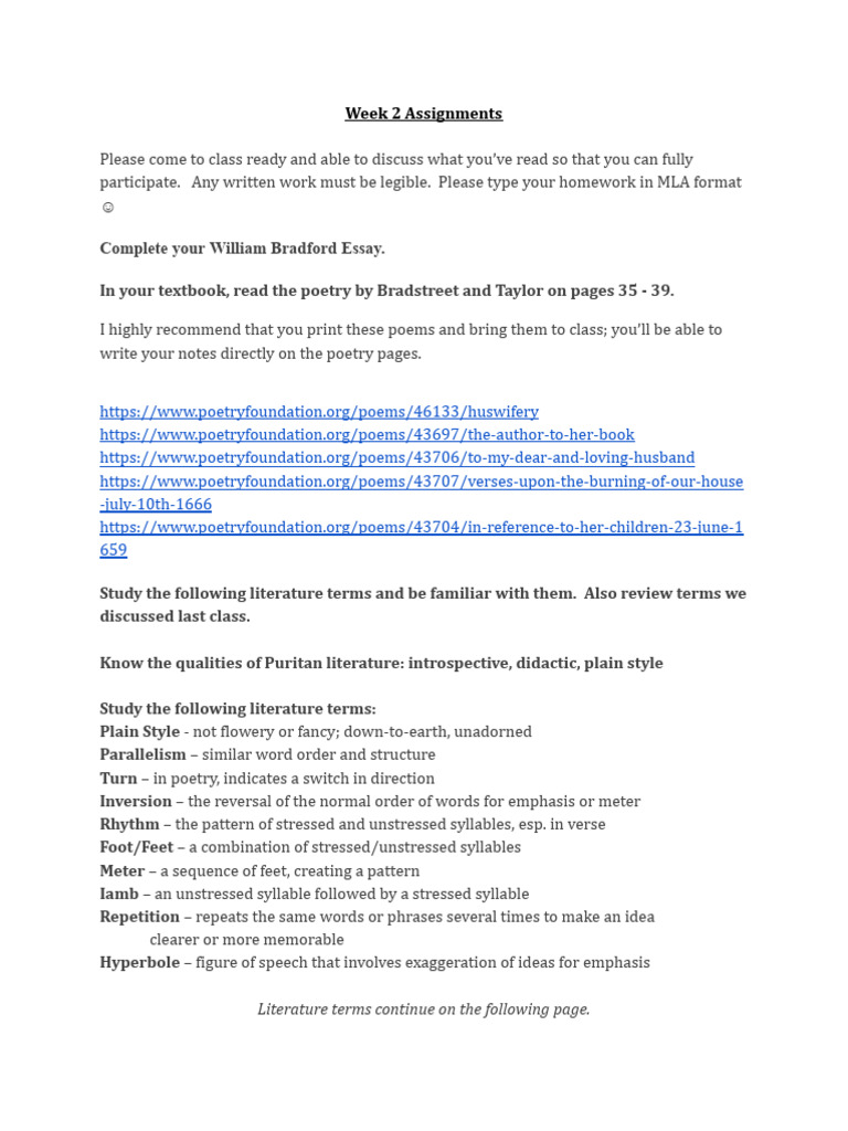 American+Lit +Week+2+Assignments+(1) | PDF | Poetry | Metre (Poetry)