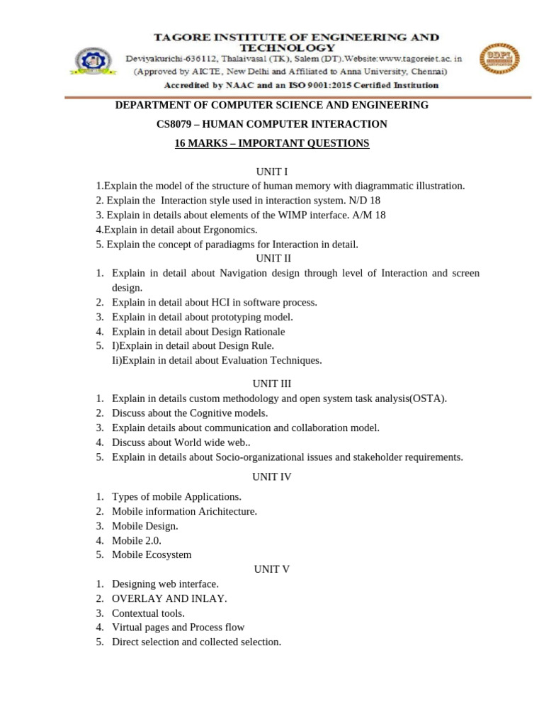 Important HCI Questions for CS8079 Exam | PDF | Human–Computer ...