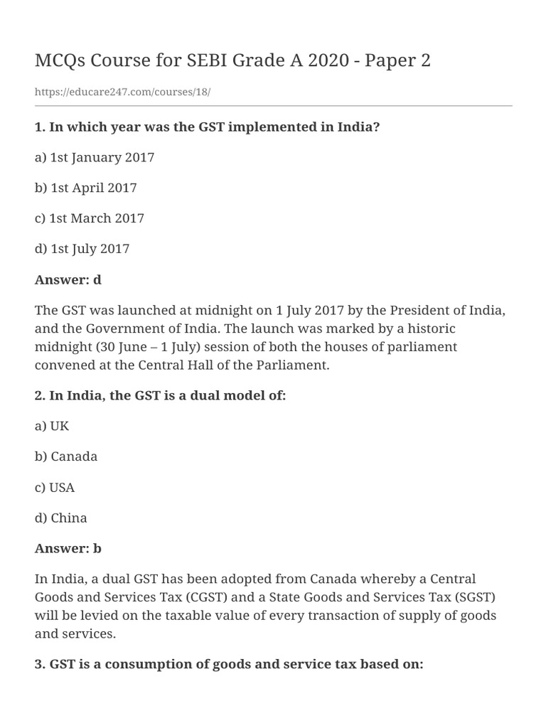 Sebi Grade A 2020 Mcqs On Gst Pdf Taxes Economies