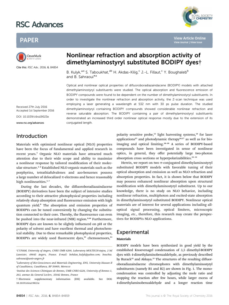 RSC Advances: Paper | PDF | Nonlinear Optics | Absorption Spectroscopy