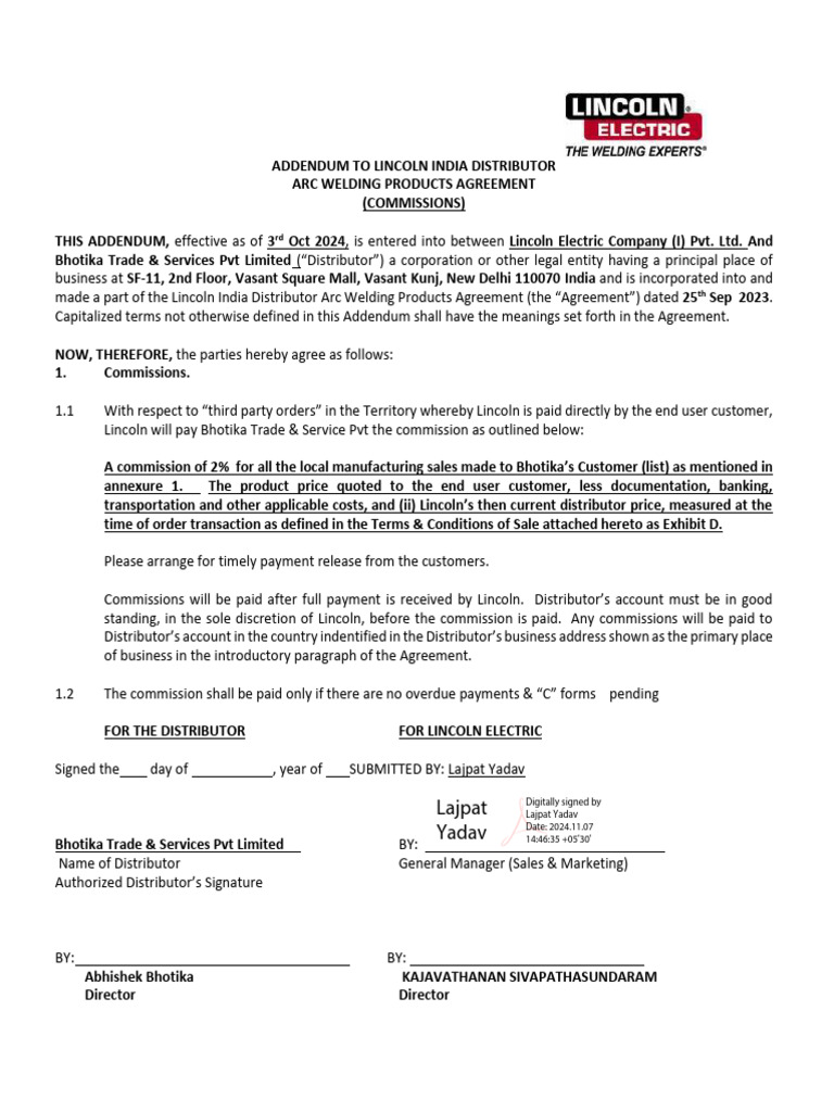 Lincoln India Distributor Commission Addendum | PDF