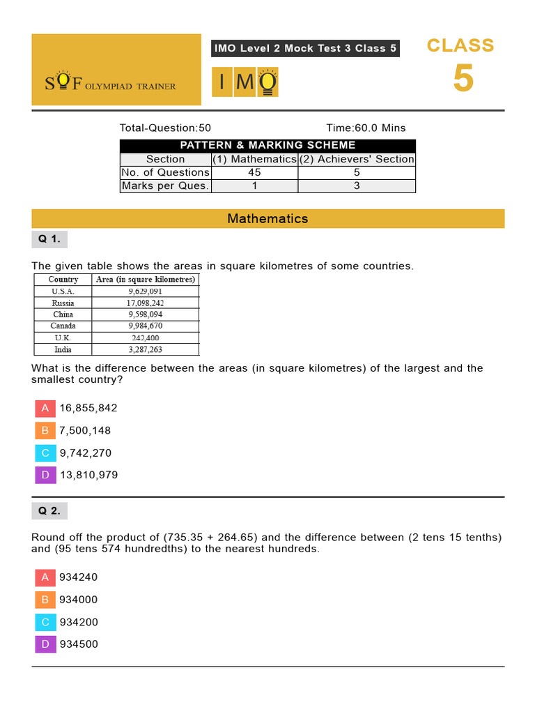 Class 5 IMO Level 2 Mock Test 3 | PDF | Multiple Choice