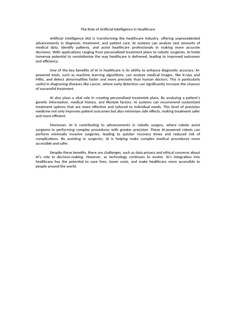 The Role of Artificial Intelligence in Healthcare | PDF
