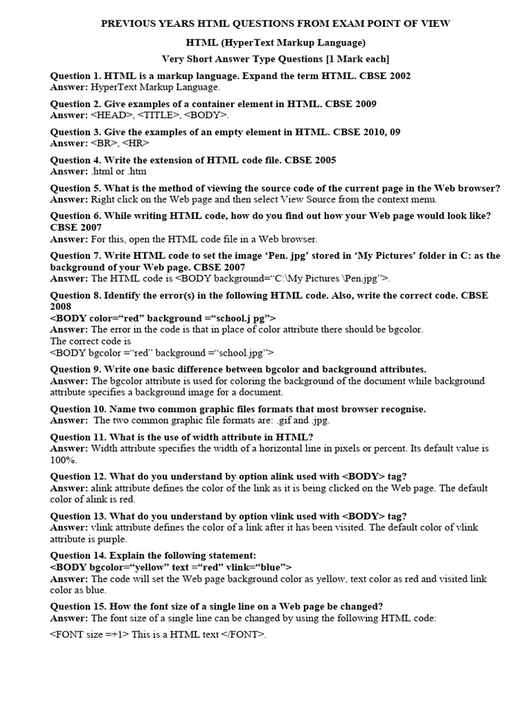 HTML Previous Year Questions | PDF | Hyperlink | Html Element