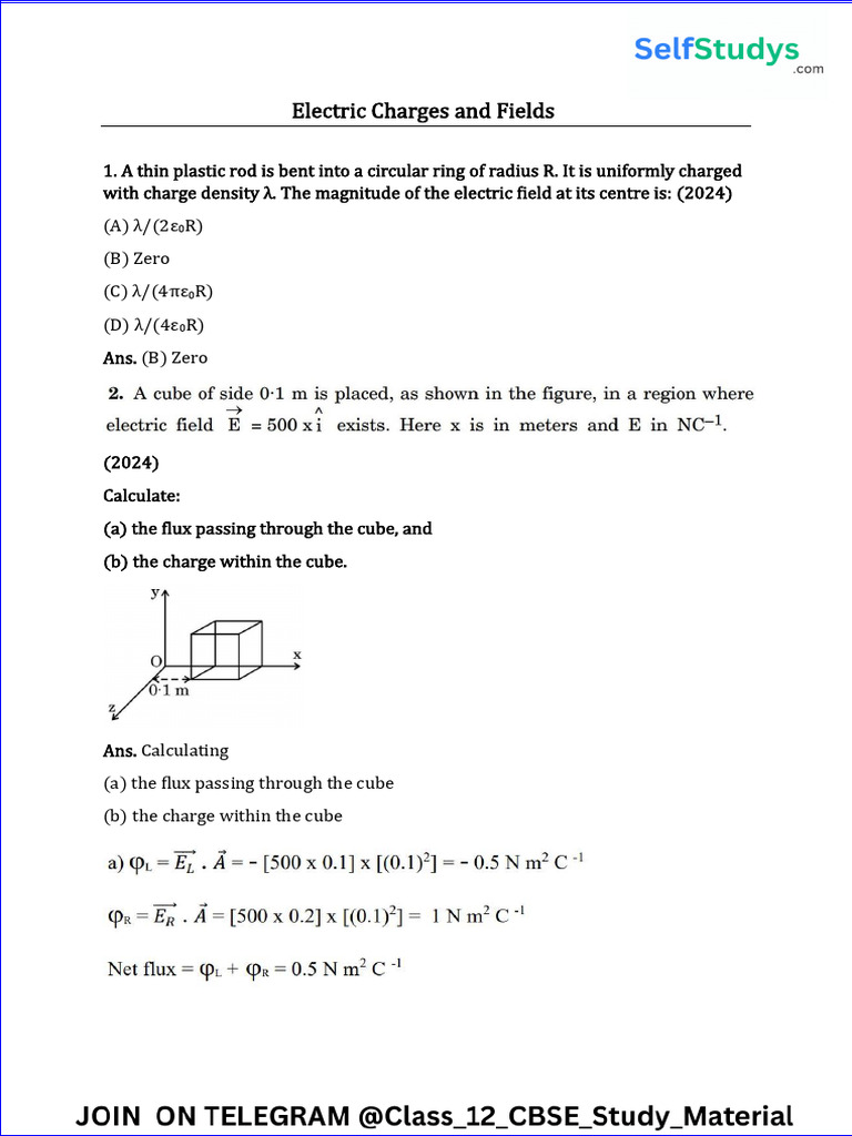 Electric Charges and Fields 12 Class Pyq | PDF