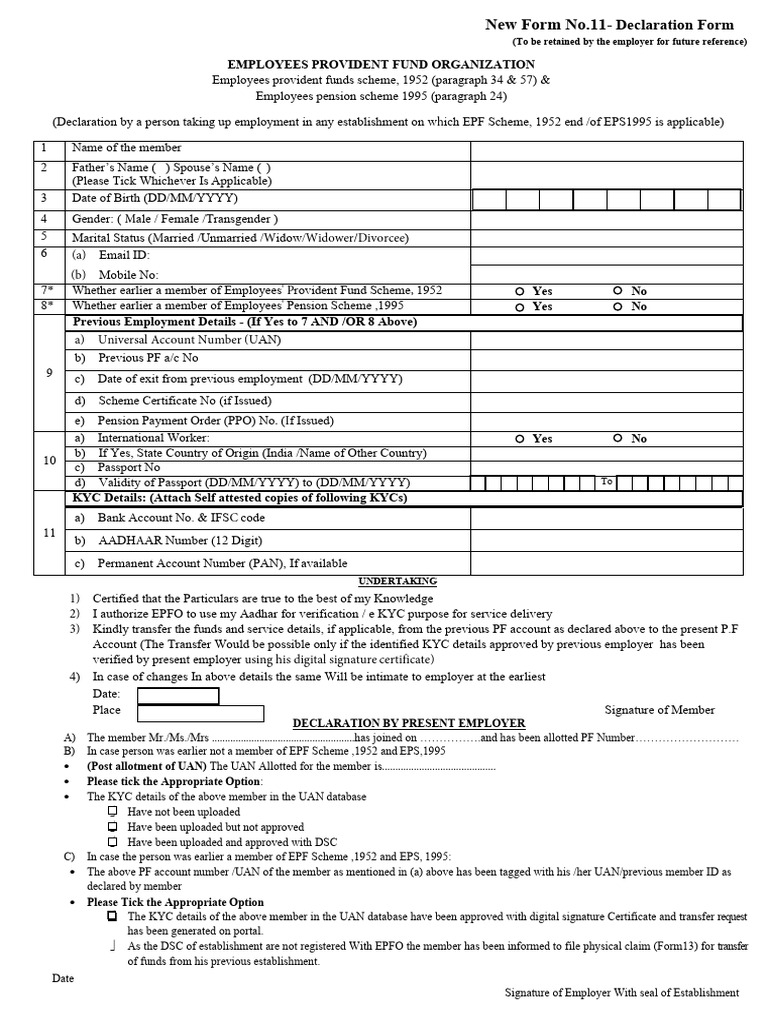 EPF Declaration Form No. 11 Guide | PDF