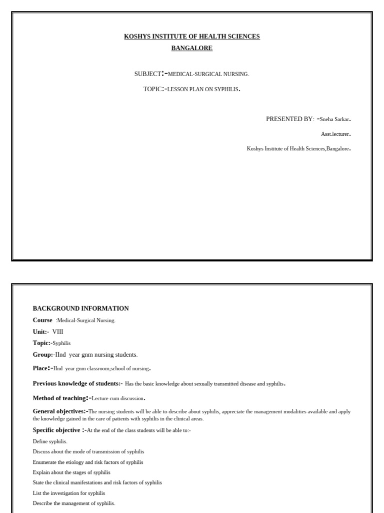 Lesson Plan of Syphilis MSN 2ND GNM | PDF | Sexual Intercourse ...