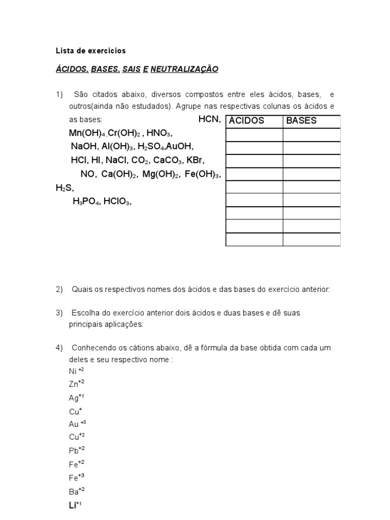 Exercícios sobre Ácidos e Bases | PDF | Sal (Química) | Compostos químicos