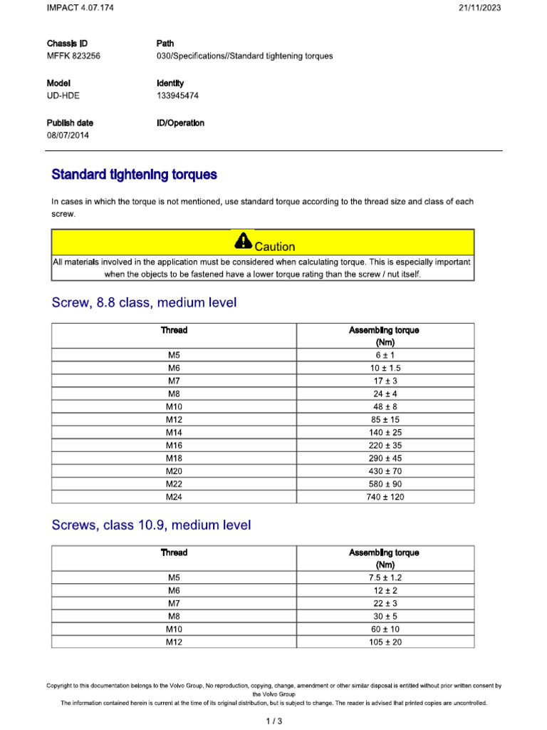 Standar Value Tigtening Torque | PDF