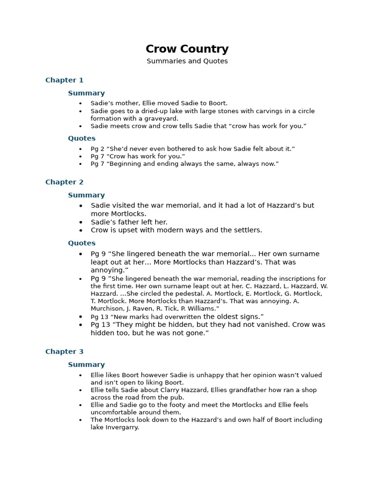 Crow Country: Themes and Summaries | PDF