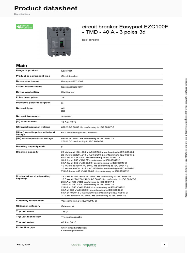 Schneider Electric EasyPact-EZC EZC100F3040 | PDF | Alternating Current ...