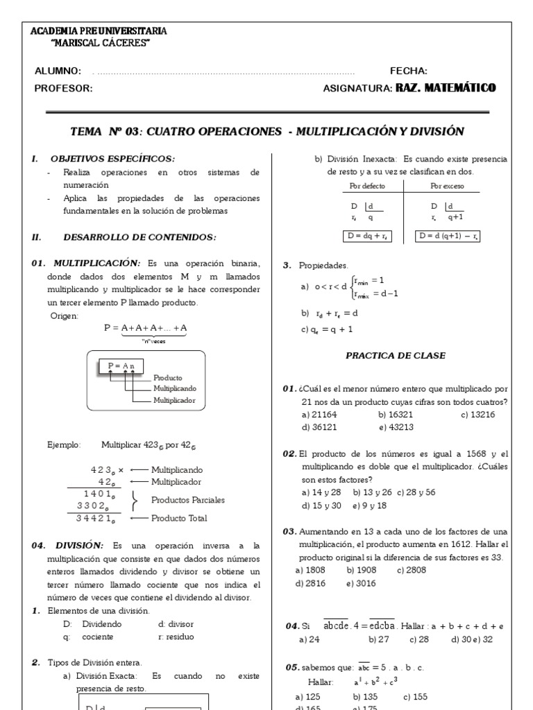 Operaciones de Multiplicación y División | PDF | División (Matemáticas ...