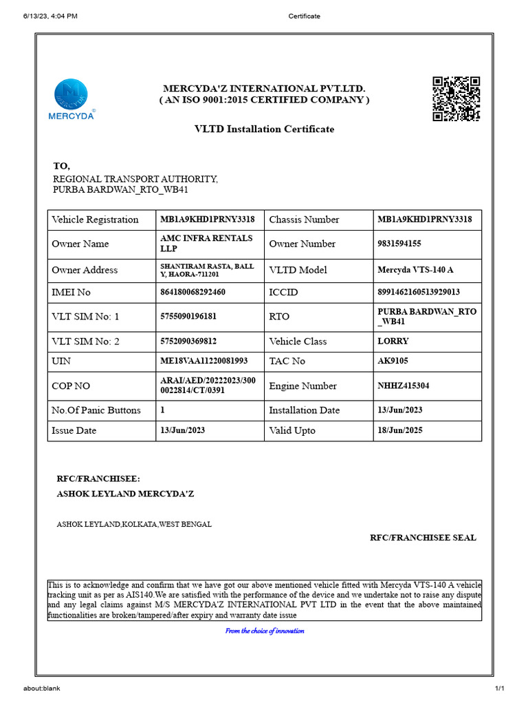 VLTD Installation Certificate for AMC Rentals | PDF | Transport