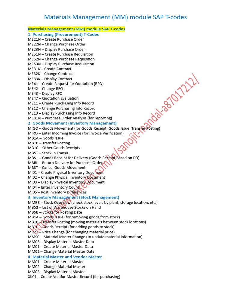 SAP MM T-Codes Overview | PDF | Receipt | Inventory
