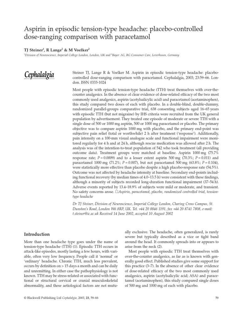 Aspirin in Episodic TensionType Headache PlaceboControlled Dose