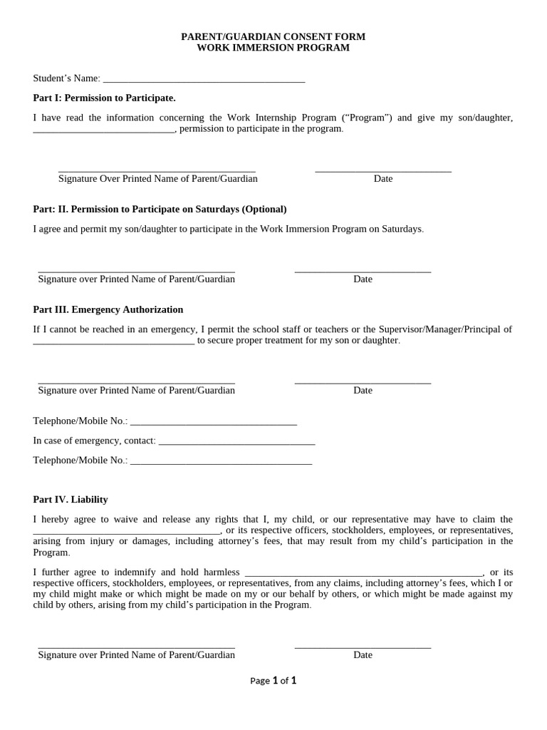Work Immersion Program Consent Form | PDF | Indemnity | Justice