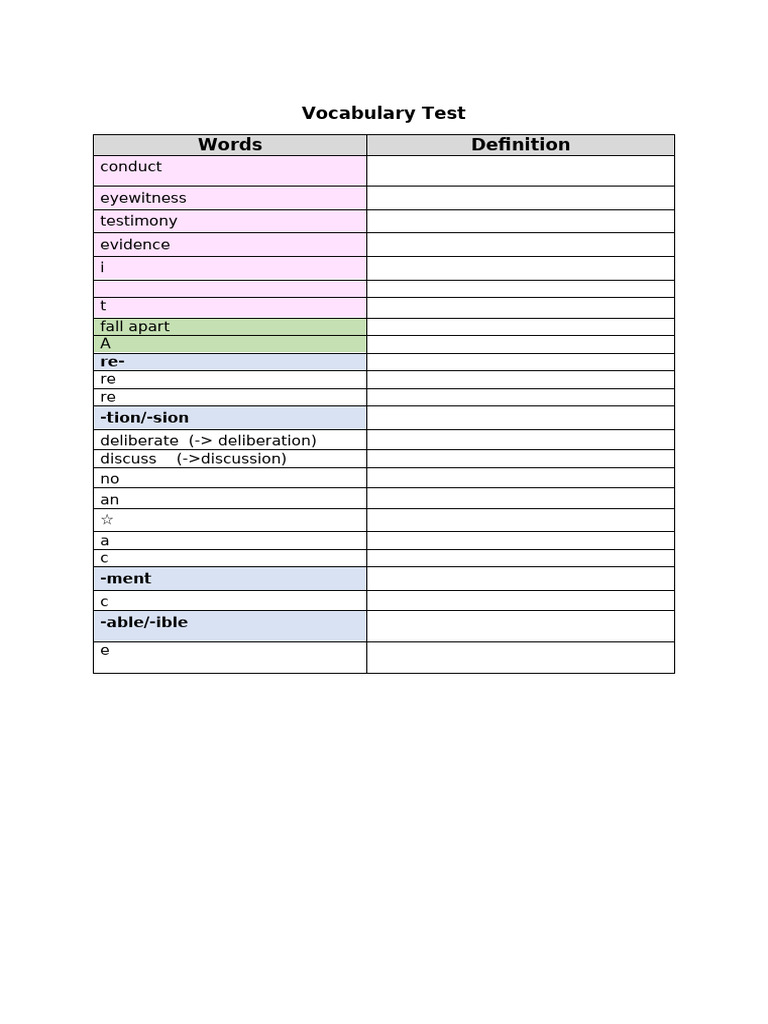 Vocabulary Test with Definitions | PDF
