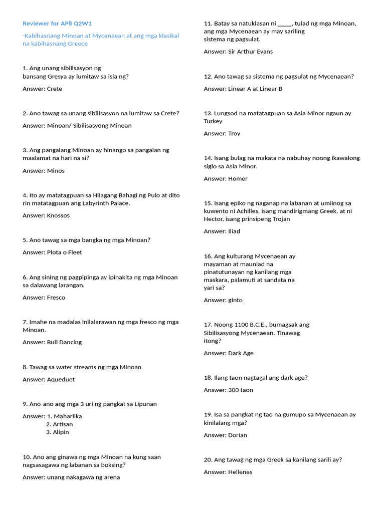 Reviewer For AP8 Q2W1 | PDF
