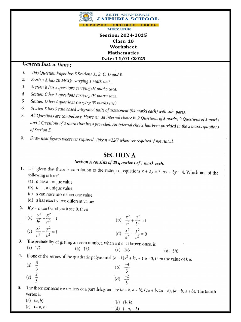 2024-2025 Class 10 Math Worksheet | PDF