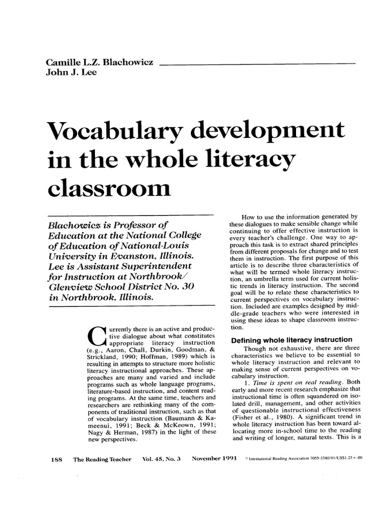 Vocabulary Development in The Whole Literacy Classroom | PDF