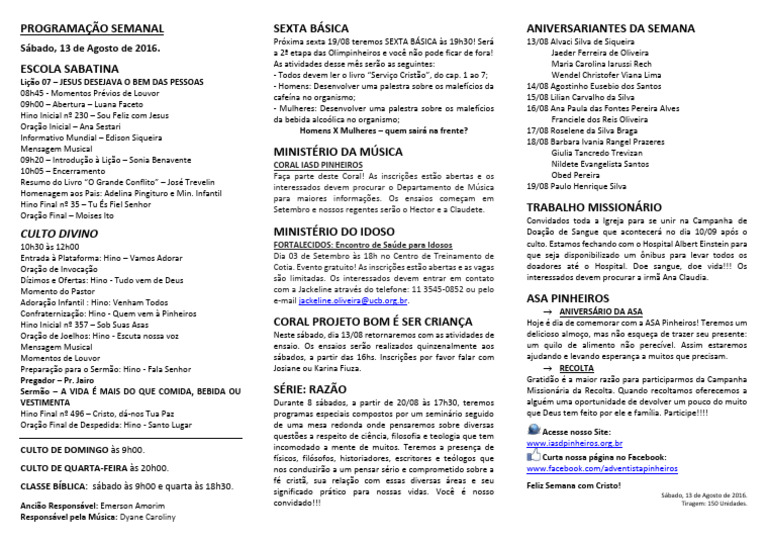 Programação da FDUL 2025 | PDF | Teologia | Oração