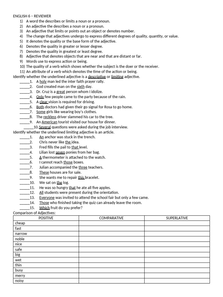 English 6 Adjective and Verb Review Guide | PDF | Adjective | Noun