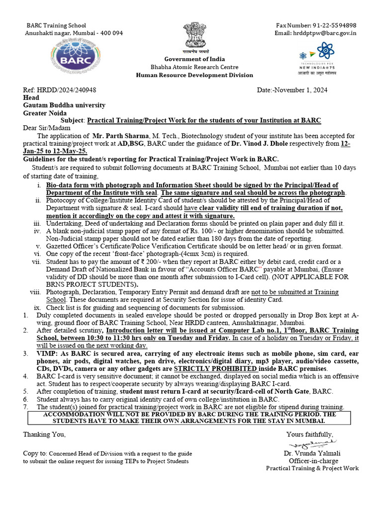 BARC Training School Guidelines | PDF
