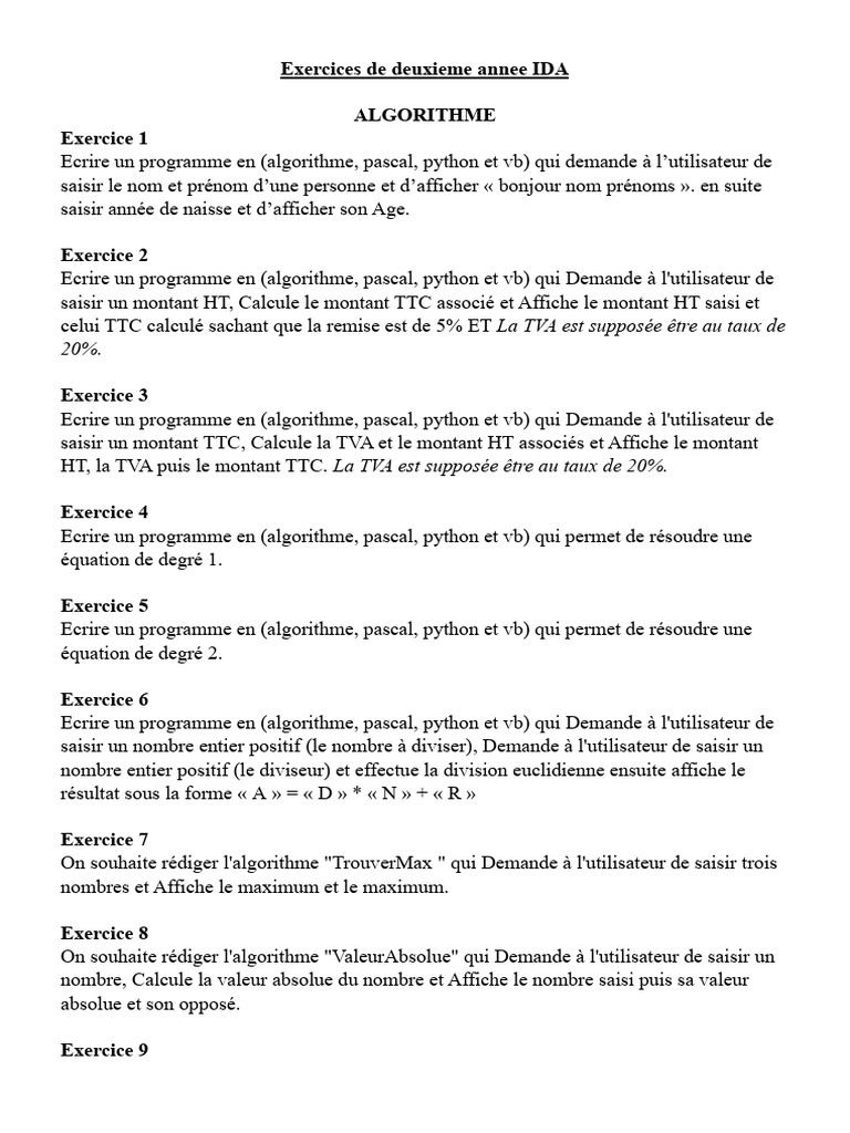 Exercices Algorithmes et Programmes IDA | PDF