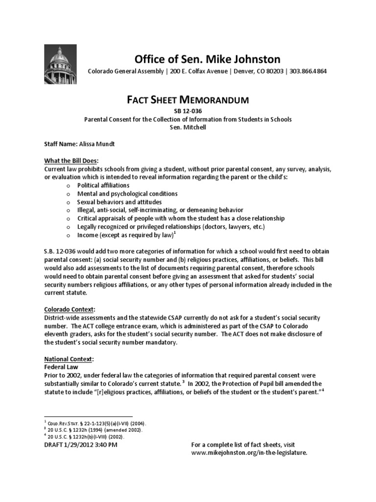 SB 12-036: Parental Consent For The Collection of Information From ...