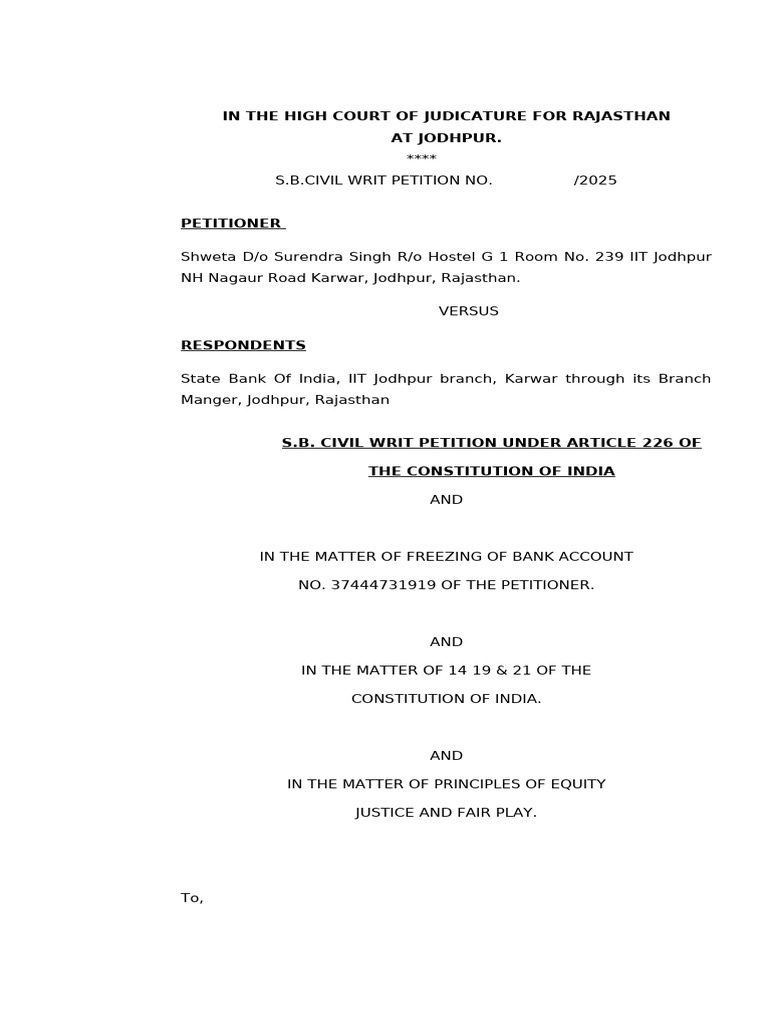 Writ Petition for Bank Account Freeze | PDF | Arbitration | Writ