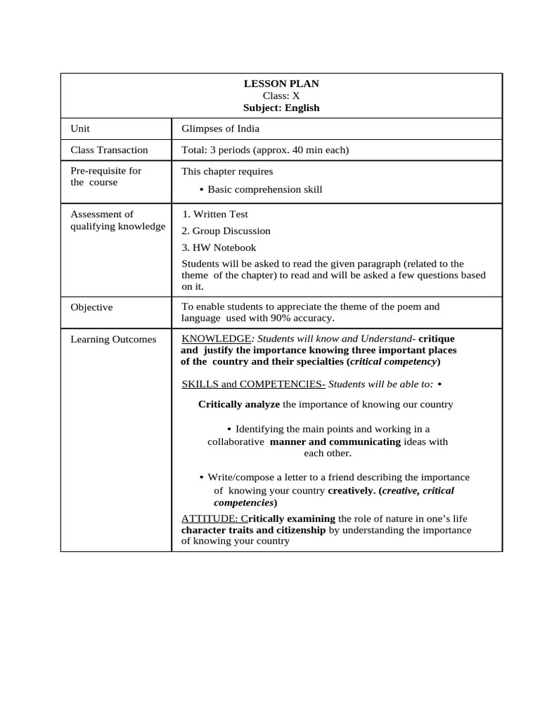 Lesson Plan-Glimpses of India | PDF | Reading Comprehension | Cognitive ...