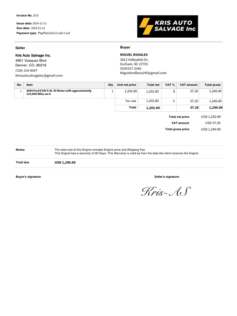 Invoice for 2004 Ford F150 Engine | PDF