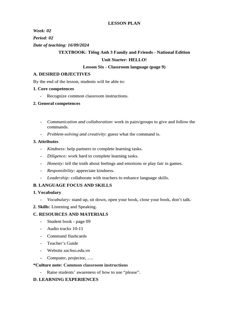 Classroom Language Lesson Plan | PDF | Vocabulary | Teachers