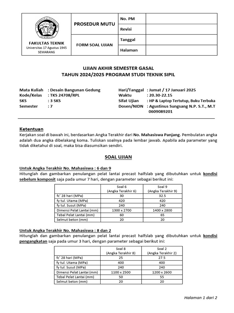 Soal Ujian Desain Bangunan Gedung 2025 | PDF