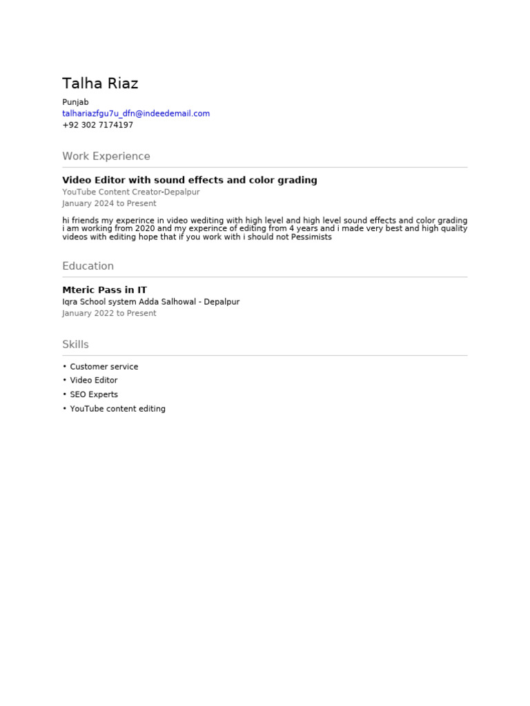 Video Editor & YouTube Creator Profile | PDF