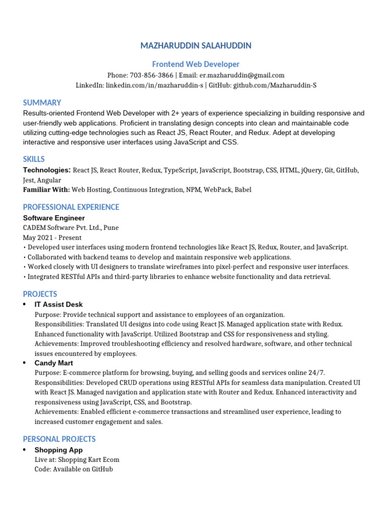 Frontend Web Developer Resume | PDF | Bootstrap (Front End Framework ...