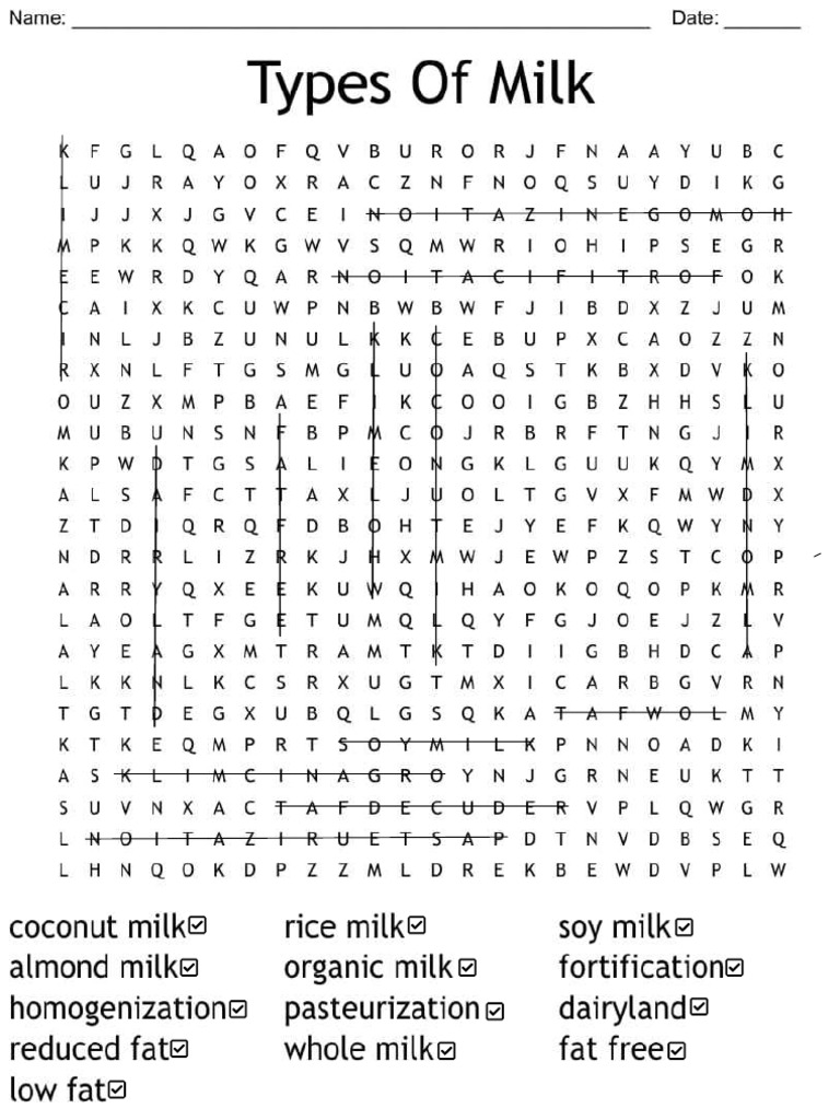 Types of Milk CROSSWORD PDF