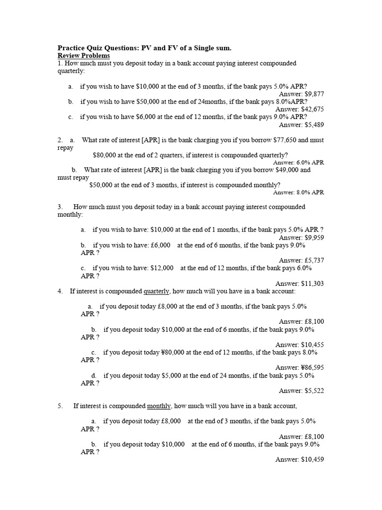 PV and FV Practice Quiz Questions | PDF | Present Value | Annual ...