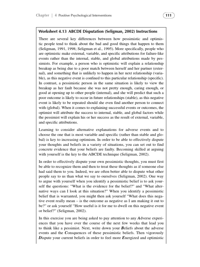 Worksheet 4.13 ABCDE Disputation (Seligman, 2002) Instructions | PDF |  Optimism | Action (Philosophy)