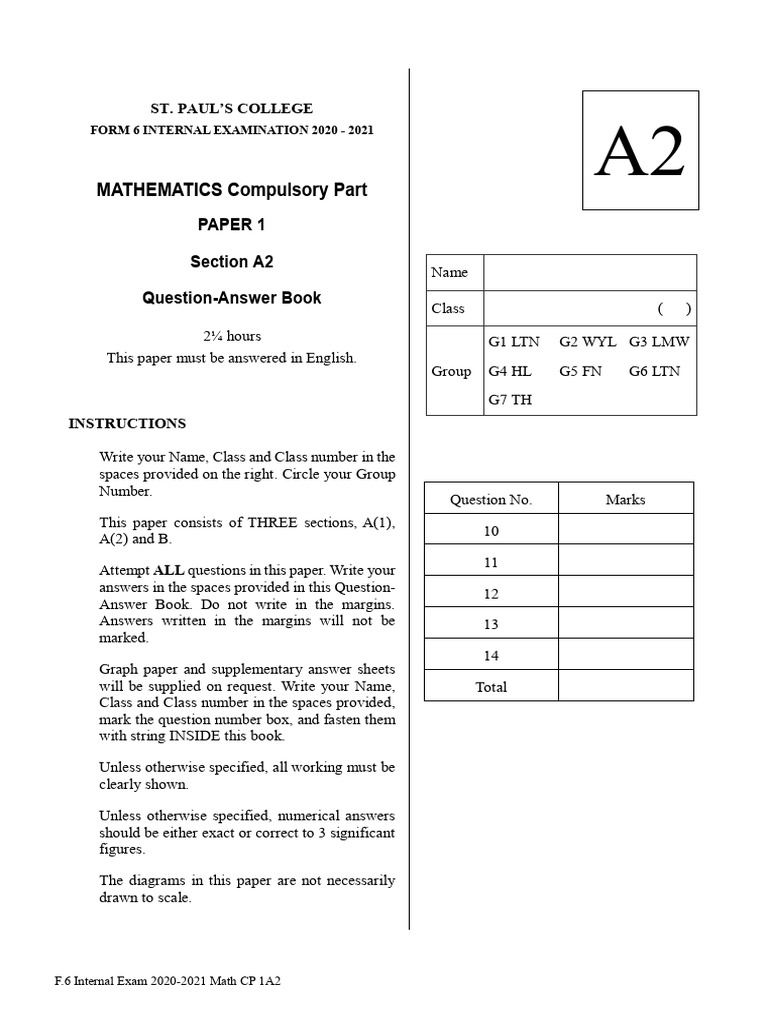 F.6 Internal Math Exam 2020-2021 | PDF | Mathematics