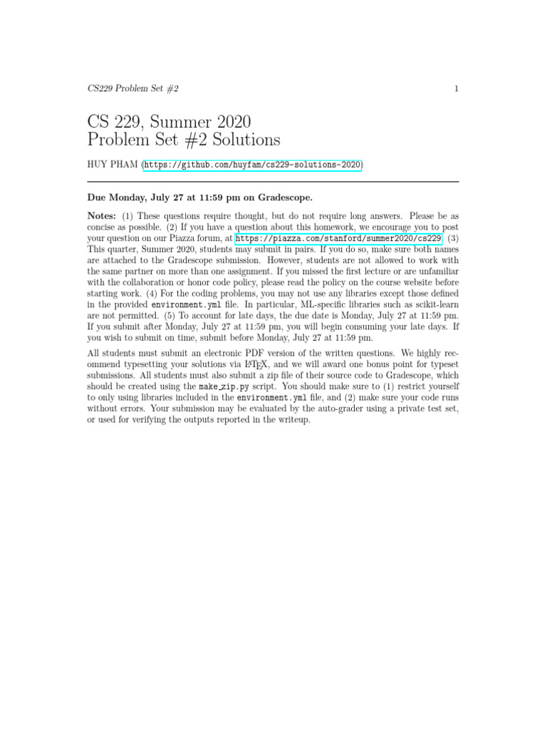 CS229 Summer 2020 Problem Set 2 Solutions | PDF | Support Vector ...