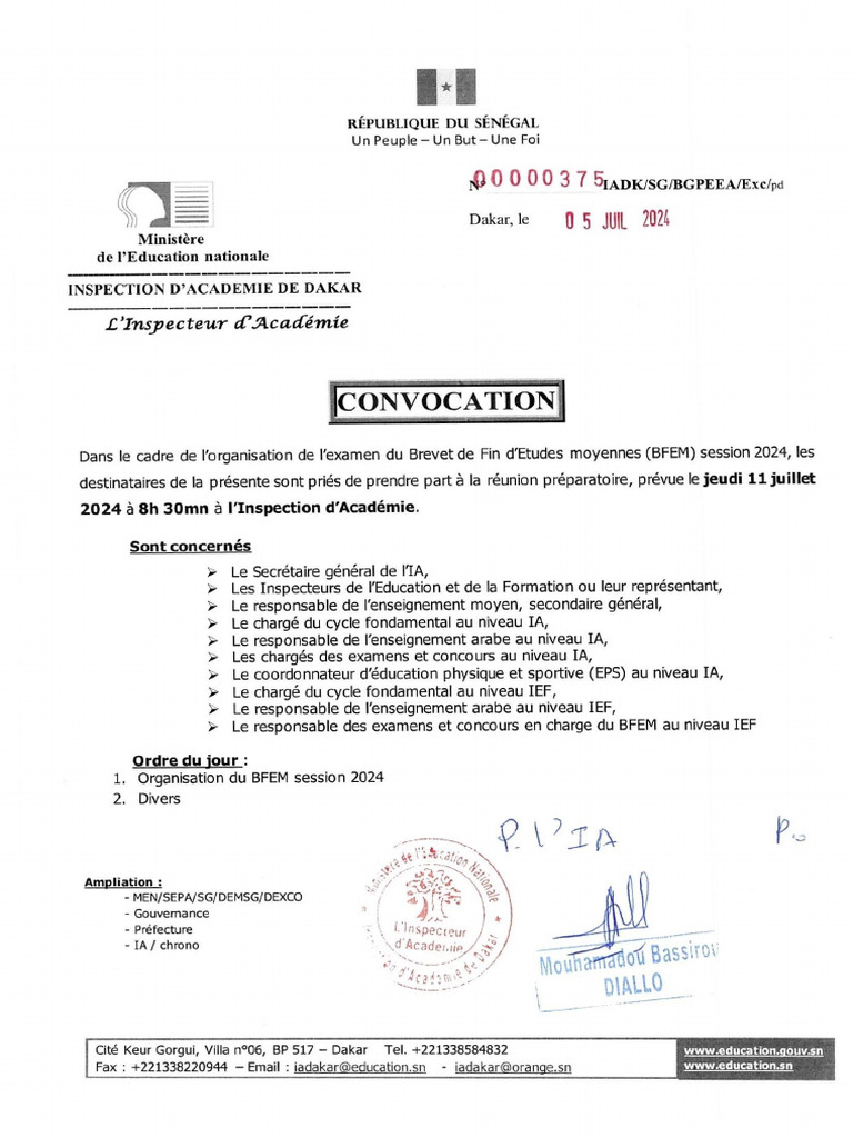 Convocation Réunion BFEM 2024 | PDF