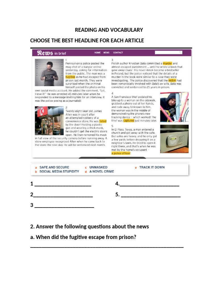 Vocabulary And Reading Comprehension Quiz Pdf