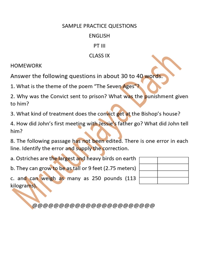 Class IX English Homework Questions | PDF