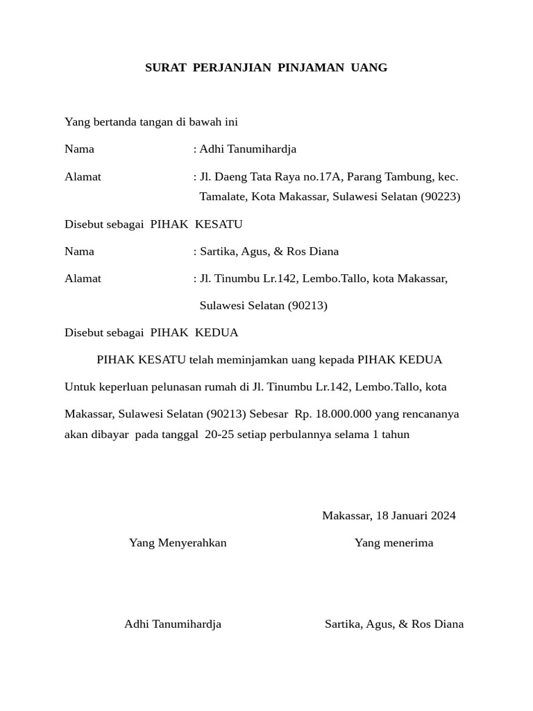 Surat Perjanjian Pinjaman Uang Makassar | PDF