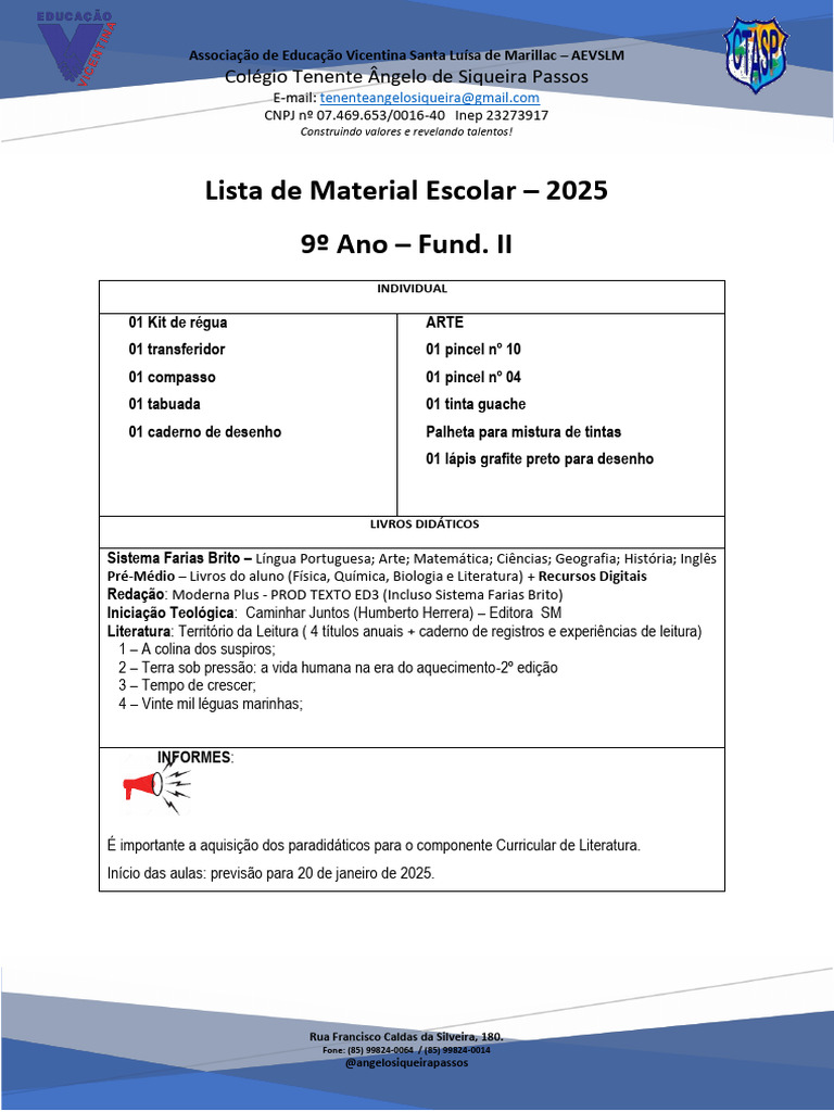 Lista de Material Escolar 9º Ano 2025 | PDF