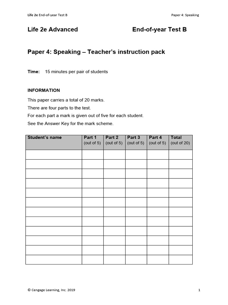 Life 2e Speaking Test Guide | PDF | Psychology | Cognition