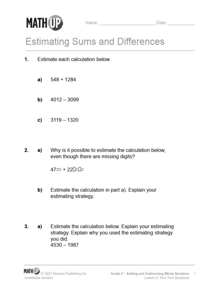 Estimating Sums and Differences Guide | PDF