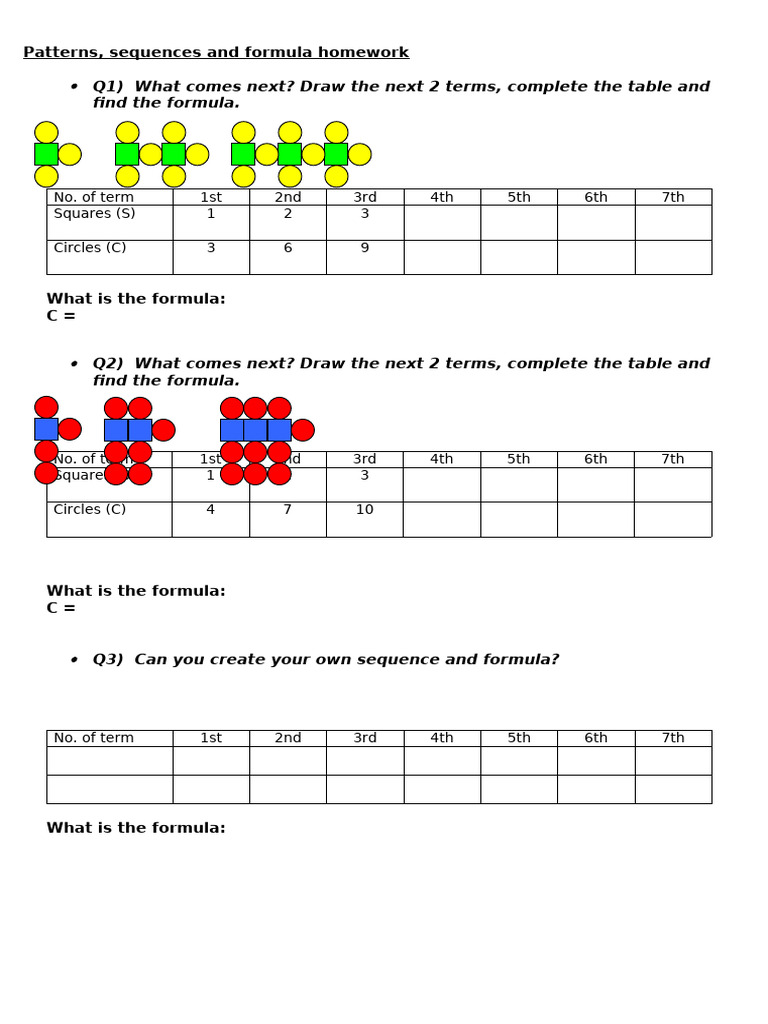 Patterns Sequences Formula Homework | PDF